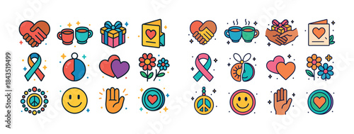 Colorful love and peace icons - hearts, hands, flowers, gifts, a