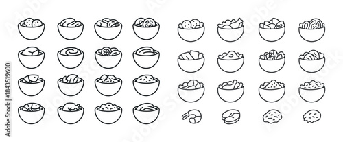 Monochrome icon set of 30 diverse snack and food bowls in line a