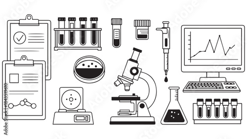 Laboratory Research Icon Montage for Biotech Investment Reports and R&D Financial Modeling