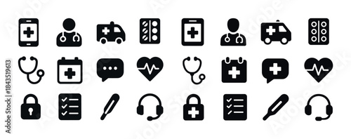 Medical icons set: stethoscope, ambulance, heartbeat, medicine,