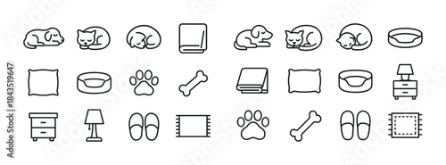 Pet icon set: cats, dogs, beds, bones, pillows, lamps, tables