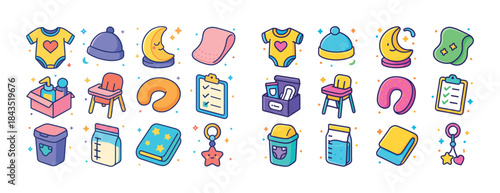 Colorful baby essentials icons set with clothing, toys, and acce