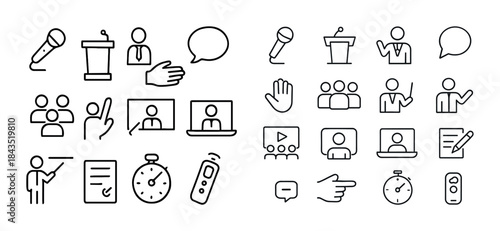 Set of communication icons: microphone, presentation, video conf