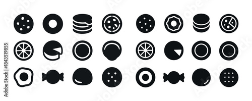 Black and white cookie and pastry icon set with 24 unique design