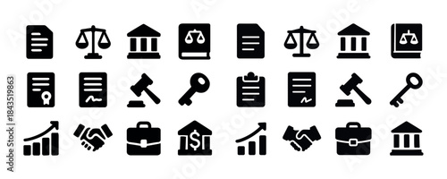 Law and business icon set featuring scales, documents, and finan