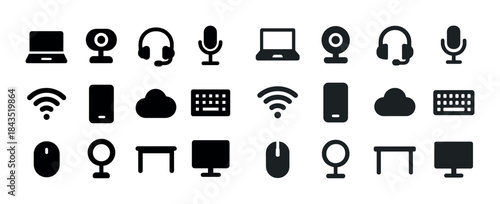 Technology icon set including laptop, webcam, headphones, microp