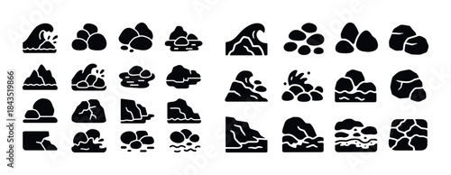 Wave and rock silhouettes: abstract nature icons collection