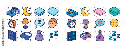 Sleep and nighttime icons: bed, moon, alarm, pillow, mask, dream