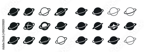 Set of planet icon variations in black and white: diverse saturn