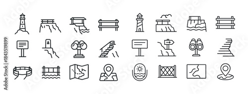 Outline icons of lighthouses, benches, maps, and coastal viewing