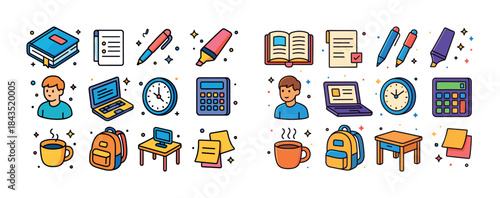 Colorful school icons: stationery, books, technology, and desk i