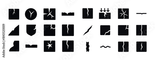 Set of various crack and fracture icons in black silhouettes