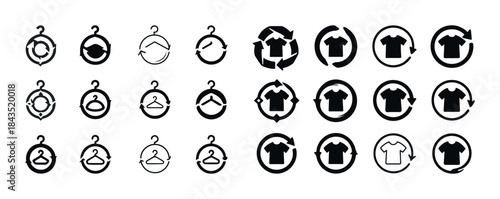 Icons of clothing recycling and shirt rotation with arrows in ci