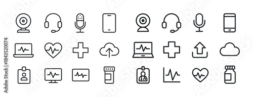 Healthcare and communication technology icons: webcam, headphone