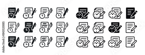 Set of document, clock, and pen icons in various styles and desi