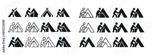 Minimalist icon set depicting camping and hiking activities in b