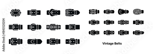 Black vintage belt buckle icons set with various designs and sty