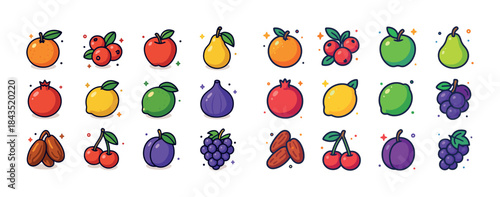 Colorful cartoon fruits collection with oranges apples berries a