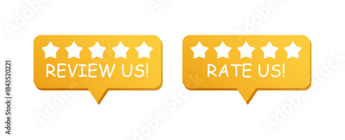 Review Us and Rate Us Five Star Speech Bubble Badges Customer Feedback Rating Vector