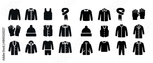 Collection of winter clothing icons: coats, sweaters, hats, scar