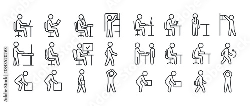 Icon set illustrating office ergonomics and exercises for workpl