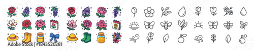 Colorful and outline floral icons with boots, honey, and calenda