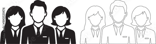 A group of business people in black and white line art style