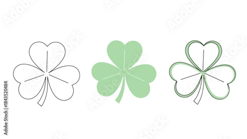 Set of three shamrock outlines and solid green symbol for St. Patrick's Day