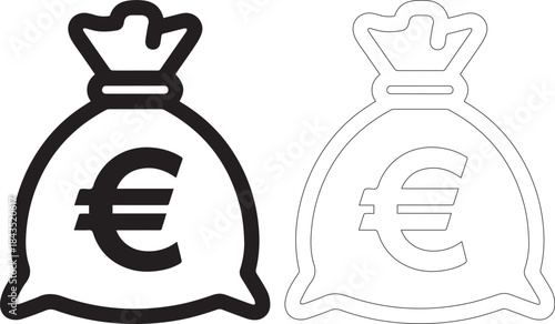 Black and white euro money bag icons with crown on top