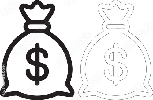 Two money bags with dollar signs on them in black and white