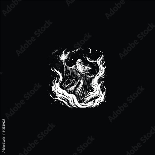 Powerful old wizard with a long beard holding a flaming staff surrounded by mystical energy in a hand-drawn circular emblem style
