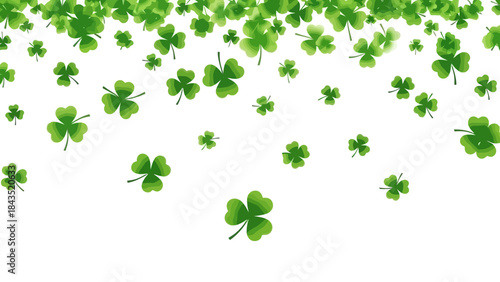 Falling Green Shamrock Clovers on a White Background, St. Patrick's Day Concept