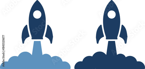 Two navy blue rocket ships launching into light and dark blue clouds