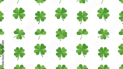 Seamless Pattern of Green Clover Leaves and Four-Leaf Clovers on White