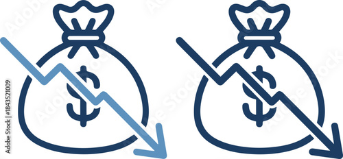 Two money bags with downward trending arrows indicating financial loss