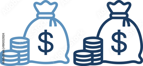 Two money bags with coins in different shades of blue on