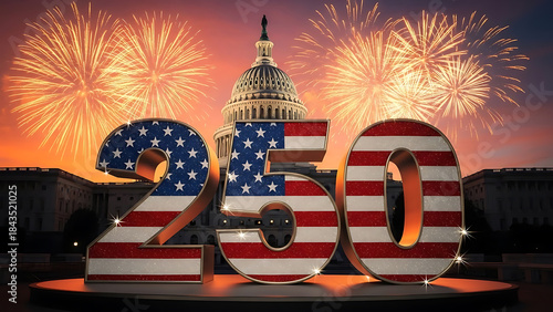 Celebrating america's bicentennial anniversary with patriotic fireworks illuminating the capitol building in a grand display of national pride and historical commemoration for the 250th milestone even