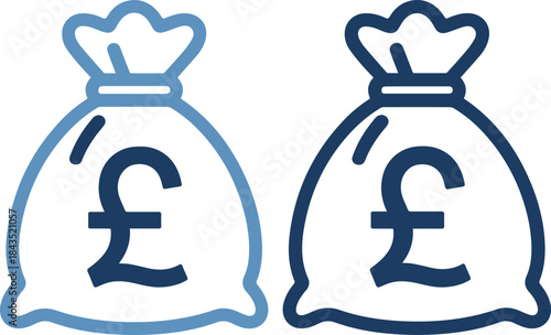 Two money bags with pound signs on them in blue outline