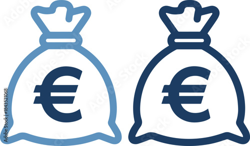 Two money bags with euro symbols in blue outline on