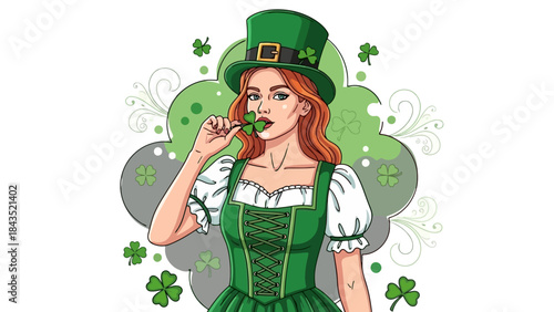 A beautiful woman in a green leprechaun costume with a hat and shamrocks, celebrating St. Patrick's Day.