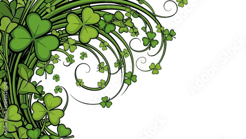 A decorative corner design featuring lush green shamrocks and swirling vines, perfect for St. Patrick's Day or spring themes.