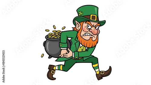 An angry leprechaun dressed in green, carrying a pot of gold coins over his shoulder.