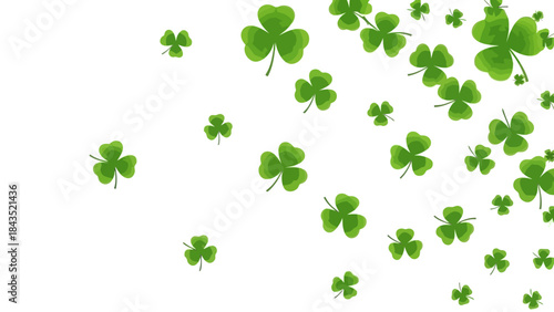 A scattering of vibrant green shamrocks on a clean white background, evoking St. Patrick's Day.