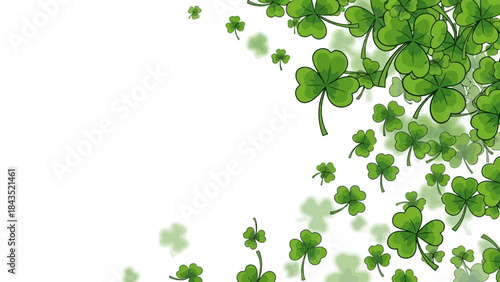 A vibrant collection of green shamrocks scattered across a white background, evoking a sense of luck and springtime.