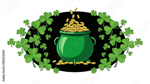 A vibrant green pot overflowing with gold coins, surrounded by lush shamrocks on a dark background, symbolizing luck and St. Patrick's Day.