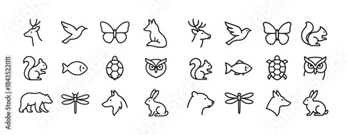 Minimalist animal icons set: deer, bird, butterfly, squirrel, fi