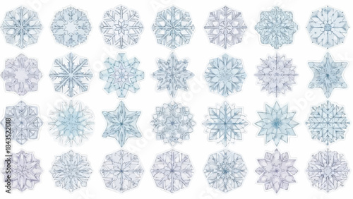 Collection of unique and intricate snowflakes in various shades of blue and white