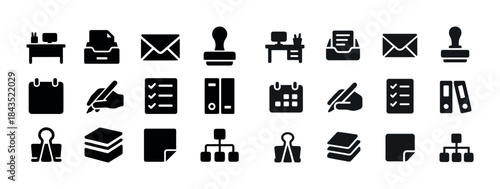 Office supplies icons set: desks, envelopes, stamps, clipboards,