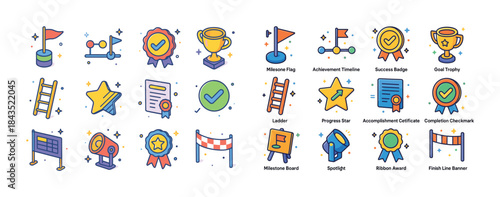 Colorful achievement icons including trophy, ribbon, flag, certi