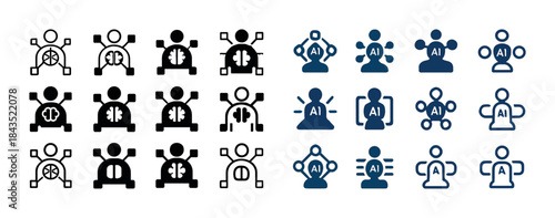 Ai icon set: human figures with brain and circuit designs